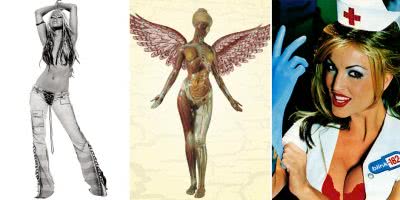 Three panel image featuring eventually-censored album covers by Christina Aguilera, Nirvana, and Blink-182