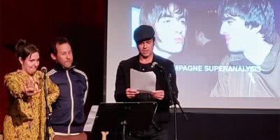 Brad Pitt helping Ben Lee and Lena Dunham kick off their 'Champagne Superanalysis' of the Gallagher brothers