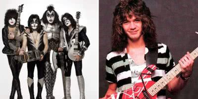 2 panel image of US rockers KISS and guitarist Eddie Van Halen