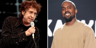 2 panel image of Bob Dylan and Kanye West