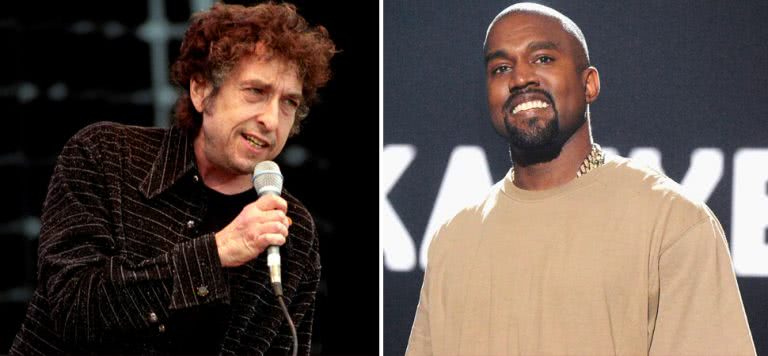 2 panel image of Bob Dylan and Kanye West