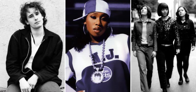 Three panel image of Jeff Buckley, Missy Elliott, and Sleater-Kinney, three artists who had some famous songs that didn’t quite make triple j’s Hottest 100