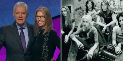 2 panel image of Jackie Fuchs as a winner on Jeopardy!, and as a member of The Runaways in the '70s