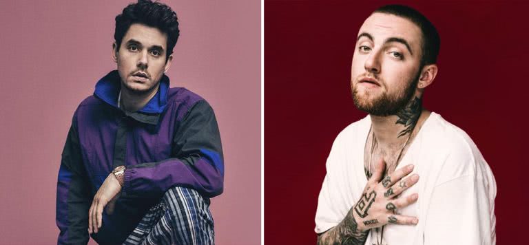 2 panel image of John Mayer and Mac Miller