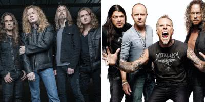 2 panel image of thrash metal bands Megadeth and Metallica
