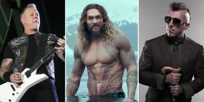3 panel image of Metallica's James Hetfield, actor Jason Momoa, and Tool's Maynard James Keenan