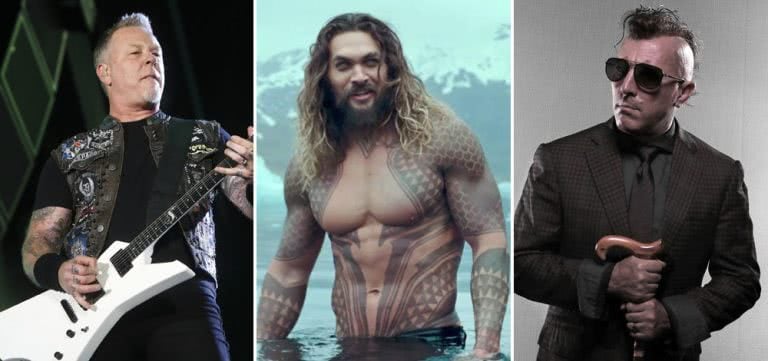 3 panel image of Metallica's James Hetfield, actor Jason Momoa, and Tool's Maynard James Keenan