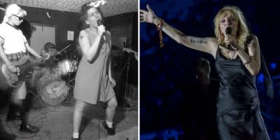 2 panel image of Bikini Kill and Courtney Love