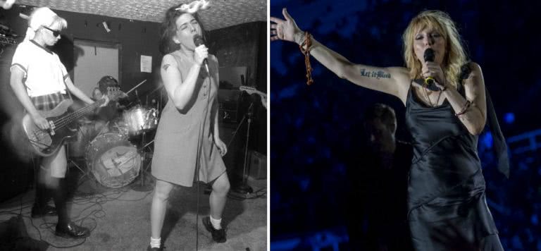 2 panel image of Bikini Kill and Courtney Love