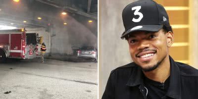 2 panel image of Chance The Rapper and the burning he car he saved a man from