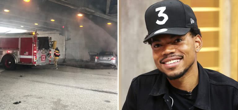 2 panel image of Chance The Rapper and the burning he car he saved a man from