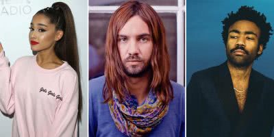 3 panel image of Ariana Grande, Tame Impala, and Childish Gambino, the headliners of Coachella 2019