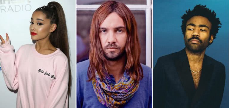 3 panel image of Ariana Grande, Tame Impala, and Childish Gambino, the headliners of Coachella 2019