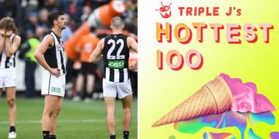 2 panel image of Collingwood in the 2018 Grand Final and the triple j Hottest 100 for 2018