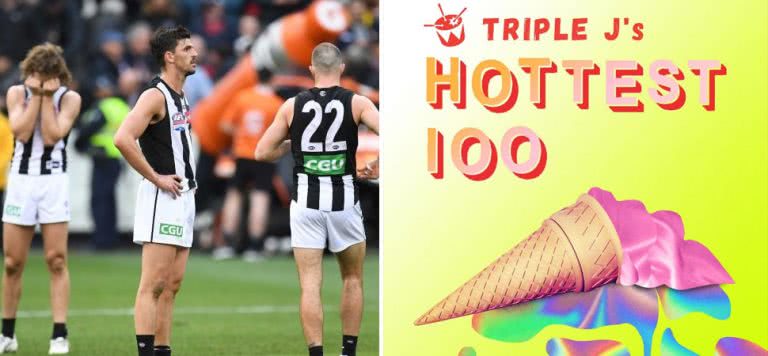 2 panel image of Collingwood in the 2018 Grand Final and the triple j Hottest 100 for 2018