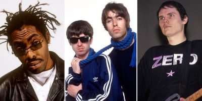 Three panel image of Coolio, Oasis, and The Smashing Pumpkins, three artists who topped triple j's Hottest 100 of 1995