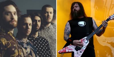 2 panel image of US pop-rock band Imagine Dragons and Slayer guitarist Gary Holt