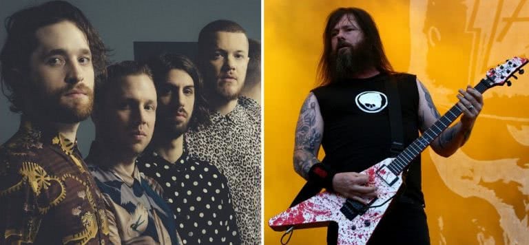 2 panel image of US pop-rock band Imagine Dragons and Slayer guitarist Gary Holt