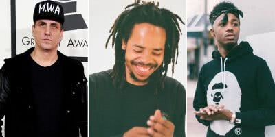 Three panel image of hip-hop producers Mike Dean, RandomBlackDude (aka Earl Sweatshirt), and Metro Boomin
