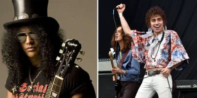 2 panel image of Guns N' Roses guitarist Slash and Greta Van Fleet