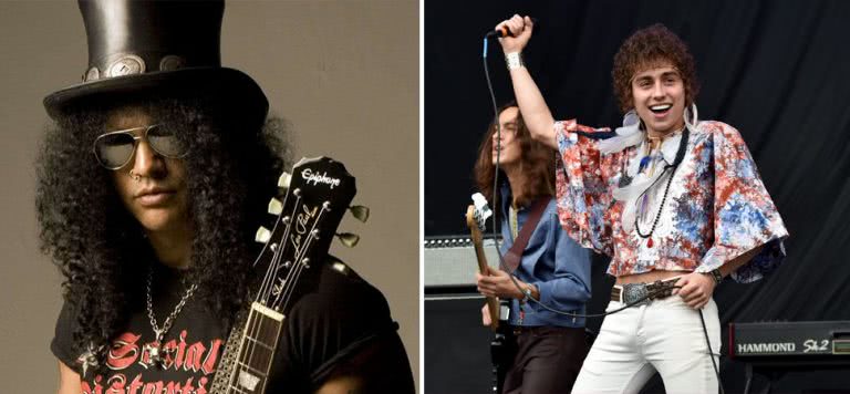 2 panel image of Guns N' Roses guitarist Slash and Greta Van Fleet