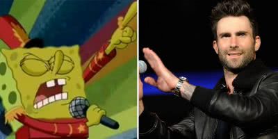2 panel image of SpongeBob Squarepants and Maroon 5's Adam Levine
