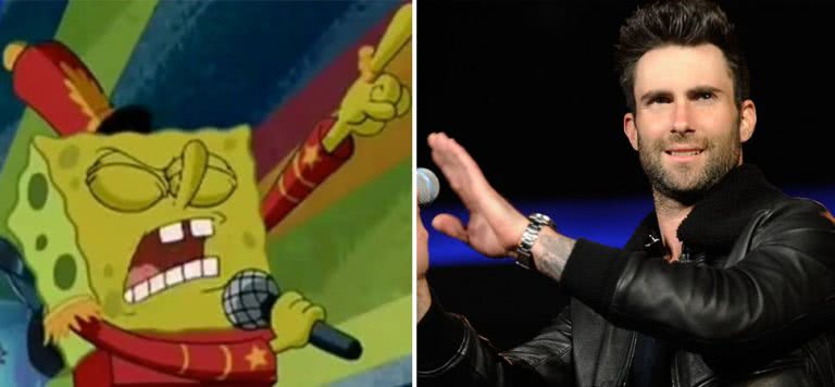 2 panel image of SpongeBob Squarepants and Maroon 5's Adam Levine