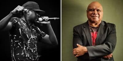 2 panel image of Baker Boy and Archie Roach, two performers at Bluesfest's Boomerang festival