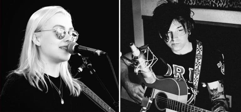 2 panel image of Phoebe Bridgers and Ryan Adams