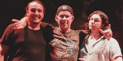 Members of Brisbane band Golden Age Of Ballooning with Red Hot Chili Peppers drummer Chad Smith