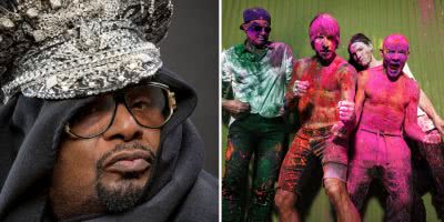 2 panel image of George Clinton and the Red Hot Chili Peppers