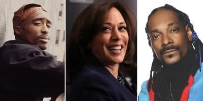 3 panel image of Tupac Shakur, US Senator Kamala Harris, and Snoop Dogg