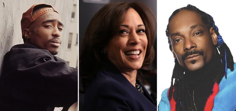 3 panel image of Tupac Shakur, US Senator Kamala Harris, and Snoop Dogg