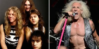 2 panel image of early Metallica and Twisted Sister's Dee Snider