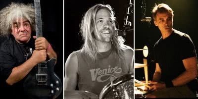 3 panel image of Melvins' Buzz Osborne, Foo Fighters' Taylor Hawkins, and Soundgarden's Matt Cameron