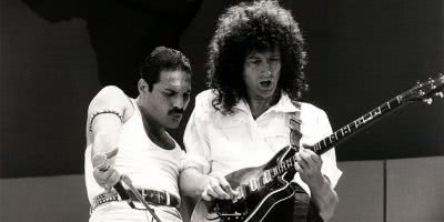 Queen frontman Freddie Mercury and guitarist Brian May performing at Live Aid