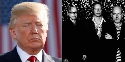 2 panel image of US President Donald Trump and iconic rockers R.E.M.