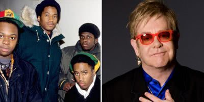 2 panel image of hip-hop icons A Tribe Called Quest and music legend Elton John