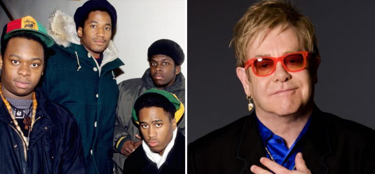 2 panel image of hip-hop icons A Tribe Called Quest and music legend Elton John