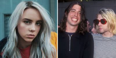 2 panel image of Billie Eilish and Dave Grohl and Kurt Cobain of Nirvana