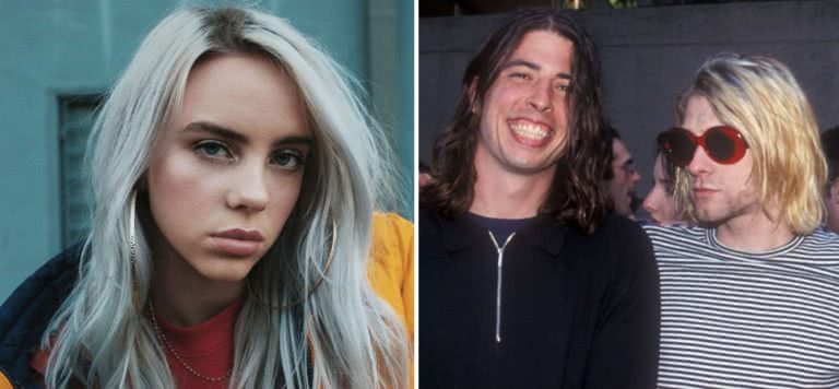 2 panel image of Billie Eilish and Dave Grohl and Kurt Cobain of Nirvana