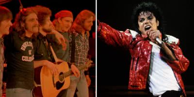 2 panel image of the Eagles and Michael Jackson