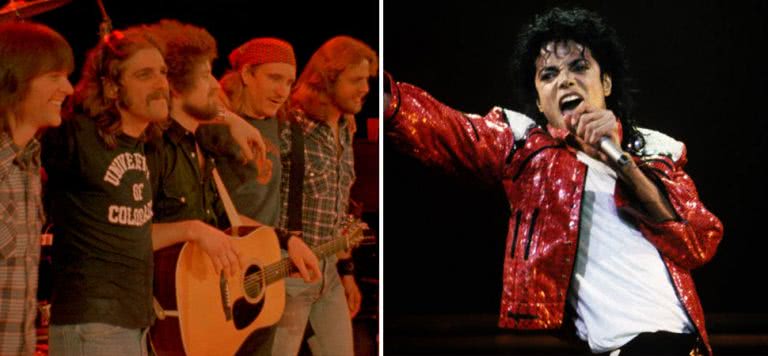 2 panel image of the Eagles and Michael Jackson