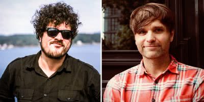 2 panel image of Richard Swift and Death Cab For Cutie's Ben Gibbard