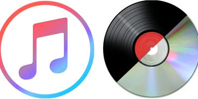 2 panel image of the iTunes logo and a composite of a CD and vinyl record