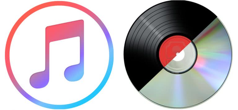 2 panel image of the iTunes logo and a composite of a CD and vinyl record