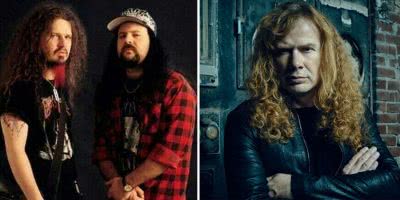 2 panel image of Pantera's Dimebag Darrell and Vinnie Paul, and Megadeth's Dave Mustaine