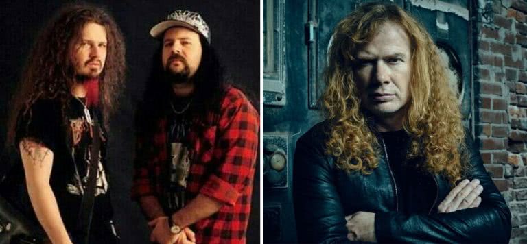 2 panel image of Pantera's Dimebag Darrell and Vinnie Paul, and Megadeth's Dave Mustaine