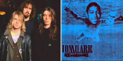 2 panel image of grunge-rockers Nirvana and the cover to Tom Clark's 'Nevermind'