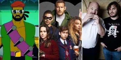 Three panel image of television shows 'Major Lazer', 'The Umbrella Academy', and 'Tenacious D'